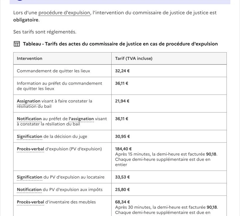 Extrait de la grille officielle des tarifs de commissaire de justice pour une expulsion locative