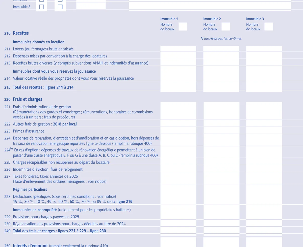 Extrait officiel du formulaire 2044 montrant les lignes de recettes, charges et intérêts