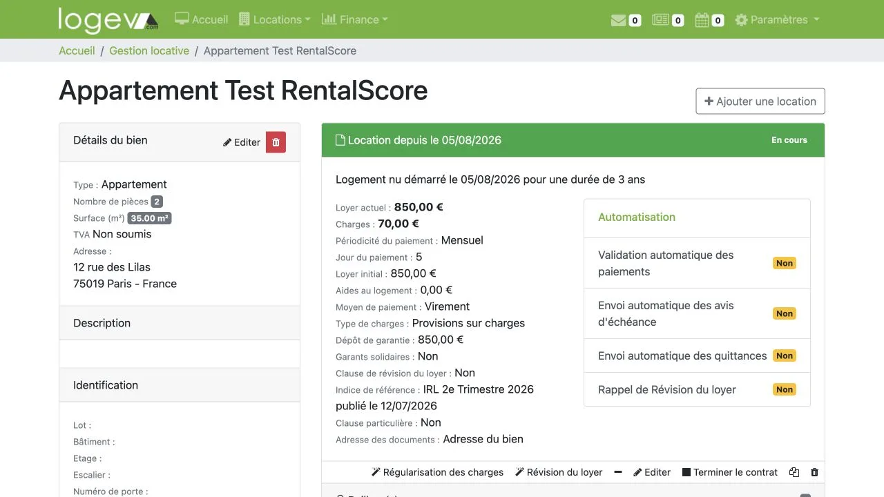Interface Logeva du logement fictif avec loyer, charges, indice IRL et automatisations