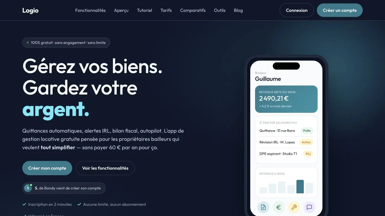Page d'accueil de Logio présentant une application gratuite pour bailleurs