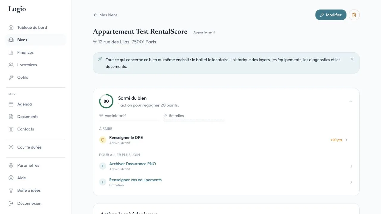 Fiche d'un appartement fictif dans l'interface de gestion locative Logio