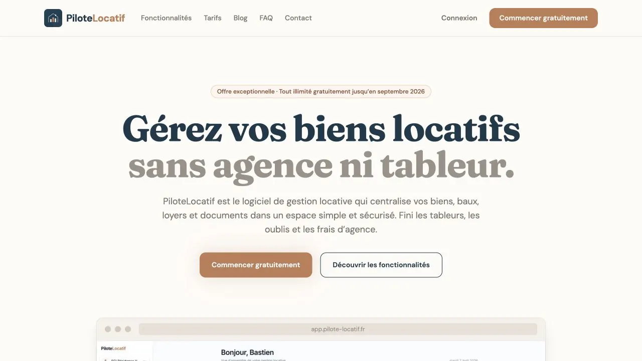 Page d'accueil de PiloteLocatif avec son tableau de bord locatif