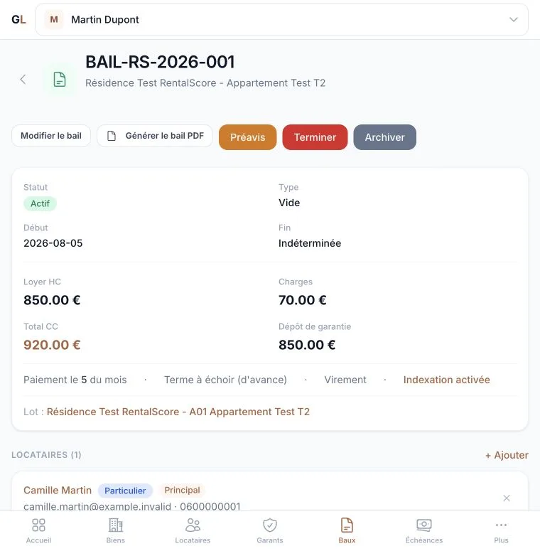 Fiche du bail fictif RentalScore dans l'interface de PiloteLocatif