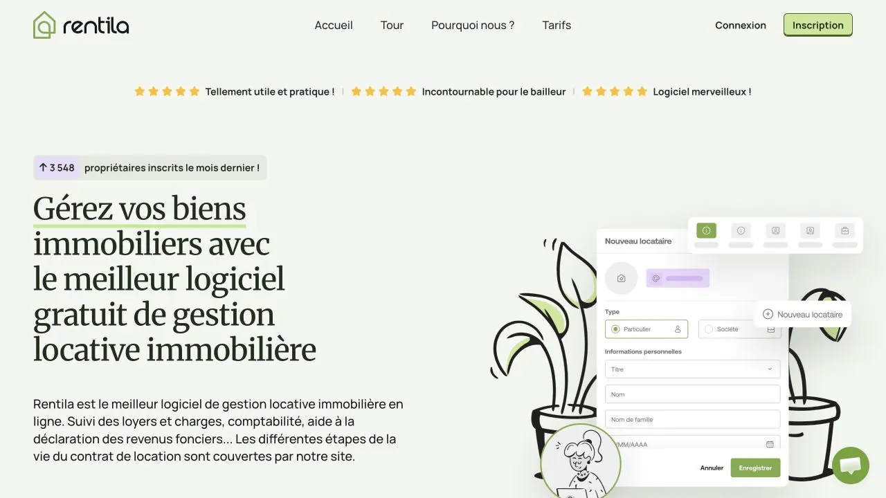 Page d'accueil de Rentila présentant son logiciel de gestion locative