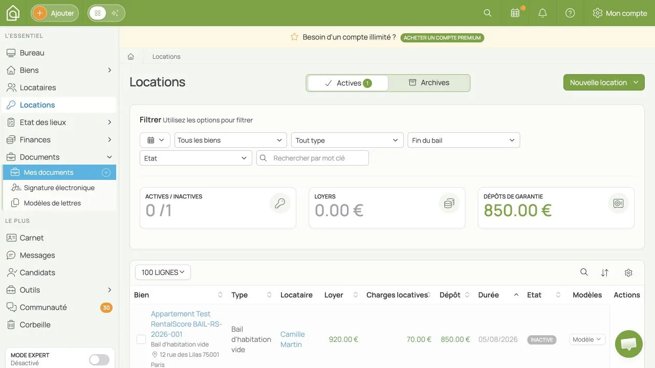 Interface Rentila du bail Appartement Test RentalScore avec un loyer prévu de 920 euros et un récapitulatif à zéro euro