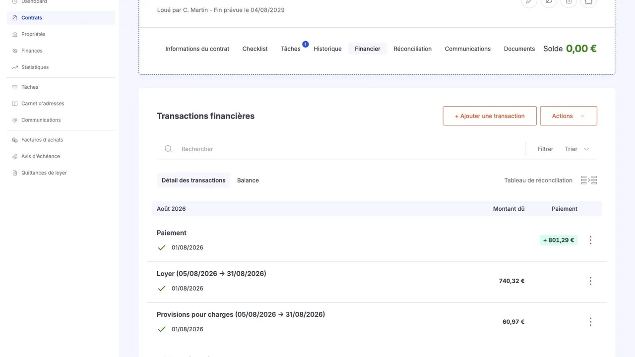 Interface financière Smovin montrant un paiement proratisé, le loyer et les provisions sur charges du bail fictif